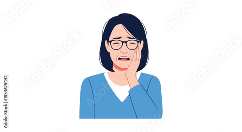 Illustration of a surprised Asian woman with black hair and glasses wearing a blue sweater against a white background.