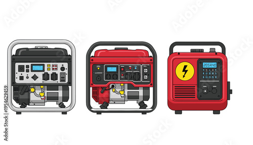 Illustration of Different Portable Generators, Power Backup Systems for Home, Industrial Use, and Emergency Preparedness