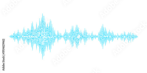 Blue sound waves flow through a vector illustration of an abstract music background featuring a cold winter landscape of snowy frost trees and holiday stars