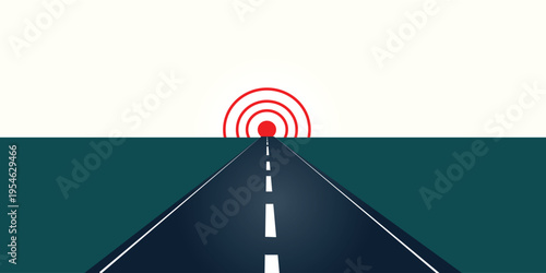 A straight road leading to a red target icon at the horizon, symbolizing a goal, destination, or signal.