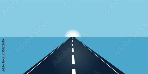 Minimalist illustration of a straight road extending into the distance over water towards a glowing sun on the horizon.