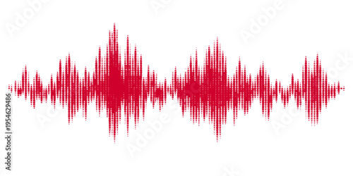 Abstract vector illustration of a red and white digital music waveform with a blue heart pulse equalizer line on a high-tech audio frequency background