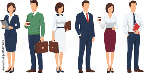 Business Professionals in Formal and Casual Attire with Laptops, Briefcases, and Coffee Cups for Corporate, Office, and Workplace Concepts