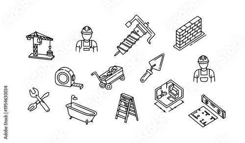 Editable Thin Line Building Icons Set with Construction Equipment and Tools Vector Pack
