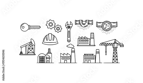 Minimal Industrial Line Icons Collection Featuring Energy, Construction and Machinery Vector Set