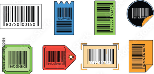 Barcode and Product Label Icon Set with Scannable Codes, Price Tags, Packaging Stickers, and Retail Identification Symbols for Inventory, Sales, and POS System Design