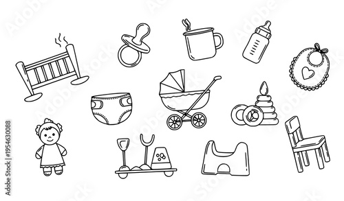 Editable Thin Line Baby Icons Set with Nursery, Toys and Feeding Accessories Vector Pack