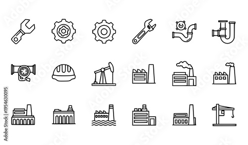 Thin Line Industrial Icons Set with Gear, Wrench and Construction Equipment Vector Illustration