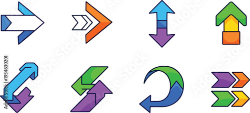 Colorful Directional Arrow Icon Set with Bold Geometric Shapes, Modern UI Navigation Symbols, Multicolor Arrows for Web, App Interface, Infographic, and Digital Design Use