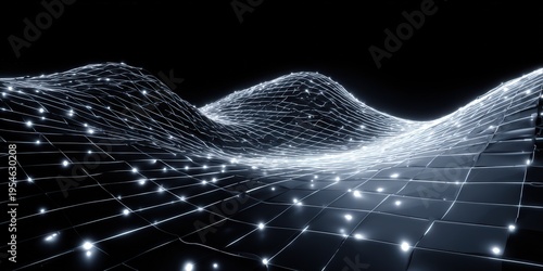 Abstract Digital Landscape with Glowing White Particles on Dark Background