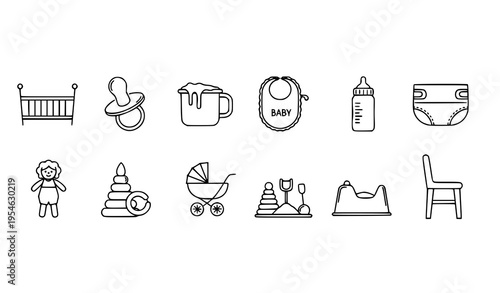 Minimal Baby Line Icons Collection Featuring Toys, Feeding and Nursery Equipment Vector Set