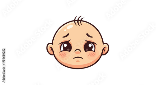 Sad cartoon baby face with frowning eyebrows and rosy cheeks on a white background.