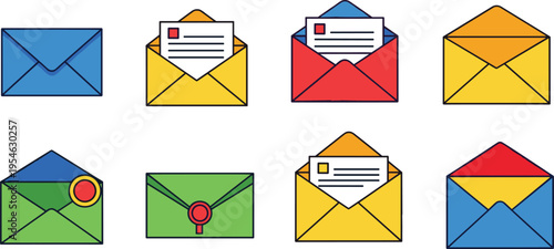 Colorful Envelope Icon Set with Open and Closed Mail Letters, Message Symbols for Email Communication, Notification, Delivery, and Postal Service Design