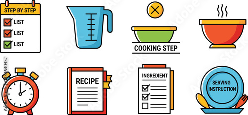 Cooking and Recipe Icon Set with Kitchen Tools, Step by Step Instructions, Ingredients List, Timer, and Serving Symbols for Food Preparation Design
