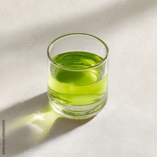Fresh Green Juice in Glass on Minimal Background with Natural Light, Healthy Detox Drink Concept

