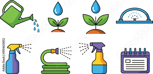 Gardening and Irrigation Icon Set with Watering Can, Sprinkler System, Plant Growth, Spray Bottles, Hose Pipe, and Agriculture Tools for Farming and Garden Care Design