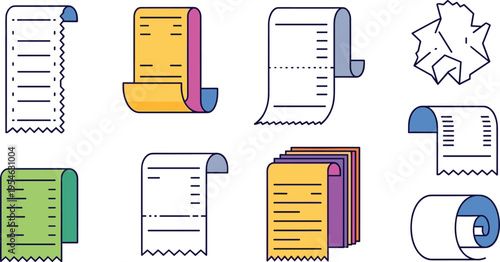 Receipt Paper and Invoice Document Icon Set with Printed Bills, Torn Paper Edges, Shopping Receipts, and Financial Records for Accounting, Retail, and Business Use