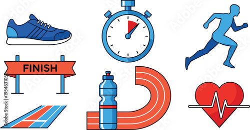 Running and Fitness Icon Set with Sports Shoe, Stopwatch Timer, Athlete Runner, Finish Line, Track Field, Water Bottle, and Heart Rate Symbols for Active Lifestyle Design