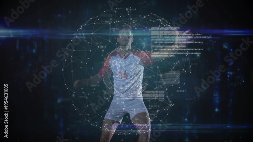 HUD text flickering, athlete shifting, stepping, jumping and striking ball to propel shot right