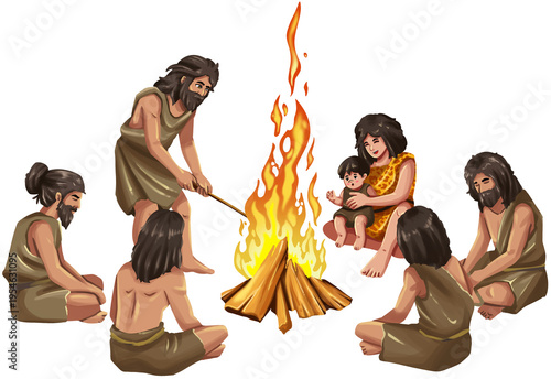 Foto Caveman Family Gathering Around Fire Illustration