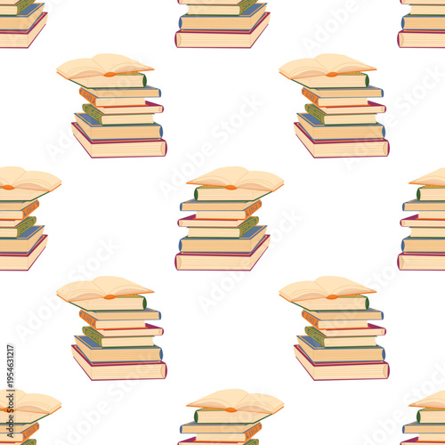 Stack of vintage books seamless pattern. Cozy reading ornament. Poet core. Vector background for promotion, book fair, literature festival, events, library, wrapping paper, textile, wallpaper