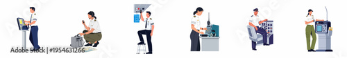 Vector illustration set of professional male and female airline pilots operating various flight controls, communication equipment, and simulators in technical aviation scenarios.