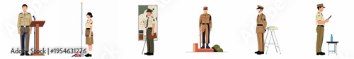 Set of flat vector illustrations featuring military personnel in tan formal uniforms, depicting scenes such as speaking, map reading, and standing at attention.