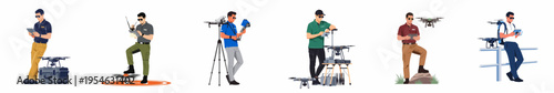 Flat vector illustration collection of professional male drone pilots operating various unmanned aerial vehicles with remote controllers and tablets.