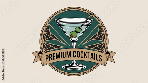 Premium cocktail martini glass icon with green olives and decorative banner on dark green background