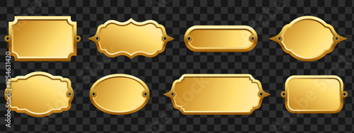 Vector blank gold metal plaques in various vintage shapes with decorative edges. Metal labels for awards, door signs, and engraving. Element for your design.