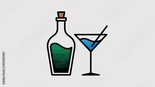 Minimalist icon design featuring a liquor bottle and cocktail glass with a straw on a clean background symbolizing nightlife and drinks