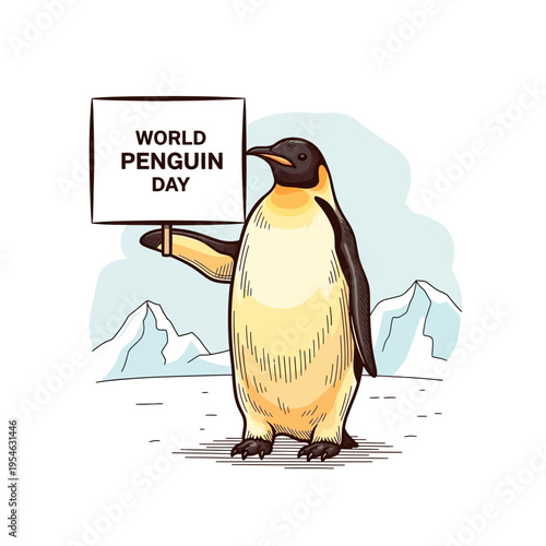 An illustration of an emperor penguin standing in an arctic landscape, holding a sign that reads "WORLD PENGUIN DAY".