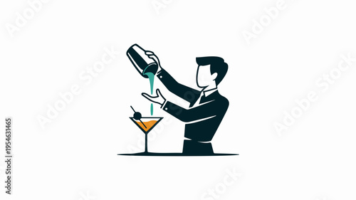 Bartender pouring drink into cocktail glass minimalist icon illustration of mixology and beverage concept with simple lines