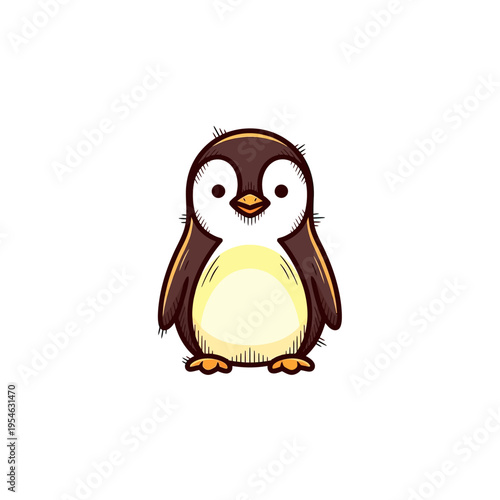 A charming cartoon illustration of a cute baby penguin with a white belly and orange beak.