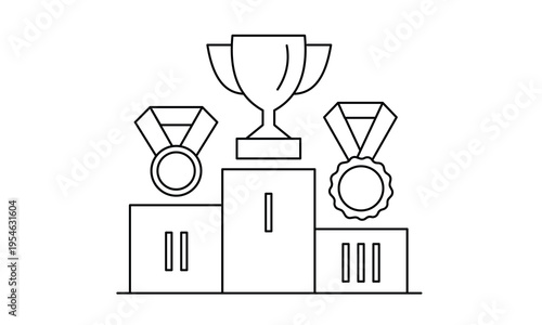 Podium with trophy and medals for business competition ranking and first place victory celebration. Editable stroke. Vector illustration.