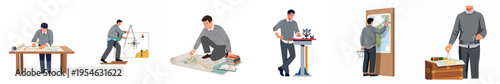 Collection of flat design illustrations showing a male cartographer using maps and navigational tools like dividers and telescopes for exploration and travel.