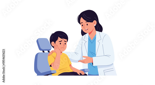 A female doctor examining a young boy sitting in a blue dentist chair with a concerned expression.