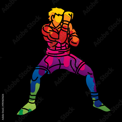 Boxing Sport Kickboxing Muay Thai Boxer Guard Action Cartoon Graphic Vector