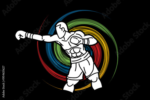 Boxing Sport Kickboxing Muay Thai Boxer Punching Action Cartoon Graphic Vector