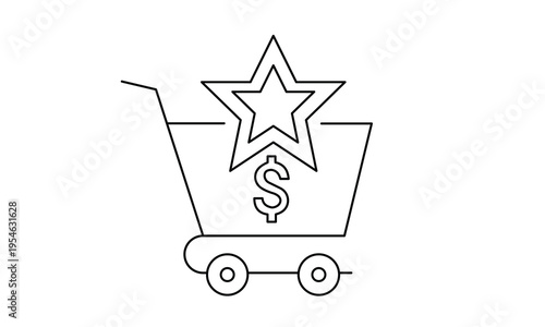 Shopping cart with star and dollar sign for premium product purchase and loyalty reward program. Editable stroke. Vector illustration.
