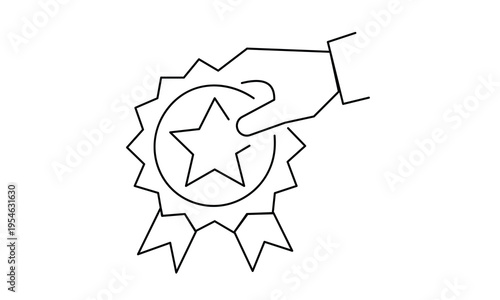 Hand holding quality badge with star for award recognition and professional certification concept. Editable stroke. Vector illustration.