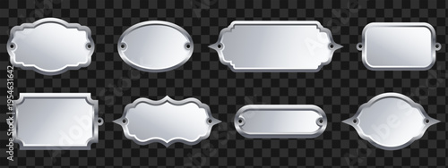 Vector blank gold metal plaques in various vintage shapes with decorative edges. Metal labels for awards, door signs, and engraving. Element for your design.