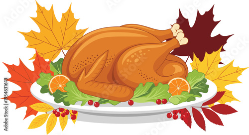 Festive roasted turkey on platter with garnish of vegetables, orange slices, and berries, surrounded by autumn leaves, perfect for Thanksgiving, holiday meals, and seasonal celebrations.