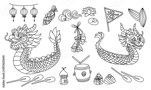 Monochrome outline illustration set with traditional elements for Chinese Dragon Boat Festival. Linear art symbols: dragon ships, rowers, zongzi, lotus, drum, lantern. Isolated vector graphics
