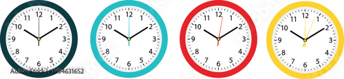 Four colorful wall clocks showing different times on white background, minimal flat design concept for time zones, schedule management, punctuality, deadline, time concept illustration