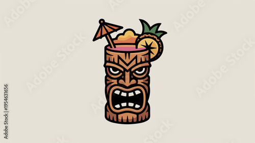 Stylized tiki mask with cocktail umbrella and fruit tropical drink symbol cartoonish wooden face