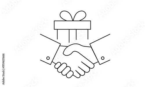 Business handshake with gift box for partnership benefit cooperation and corporate reward concept. Editable stroke. Vector illustration.