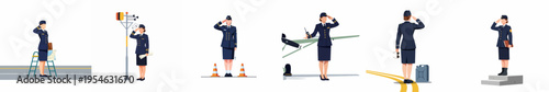 Collection of vector illustrations featuring a female pilot in a blue uniform saluting in various airport and military-themed scenarios on a white background.