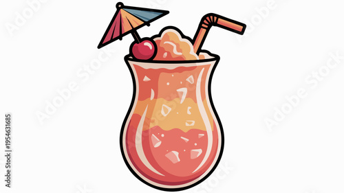 Vibrant digital icon of a frozen cocktail with umbrella cherry and straw on white background perfect for summer and drinks concept