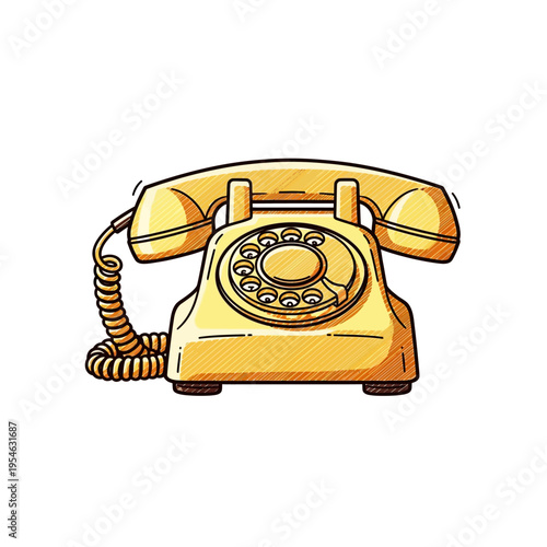 Vibrant yellow vintage rotary telephone illustration with coiled cord and classic dial.